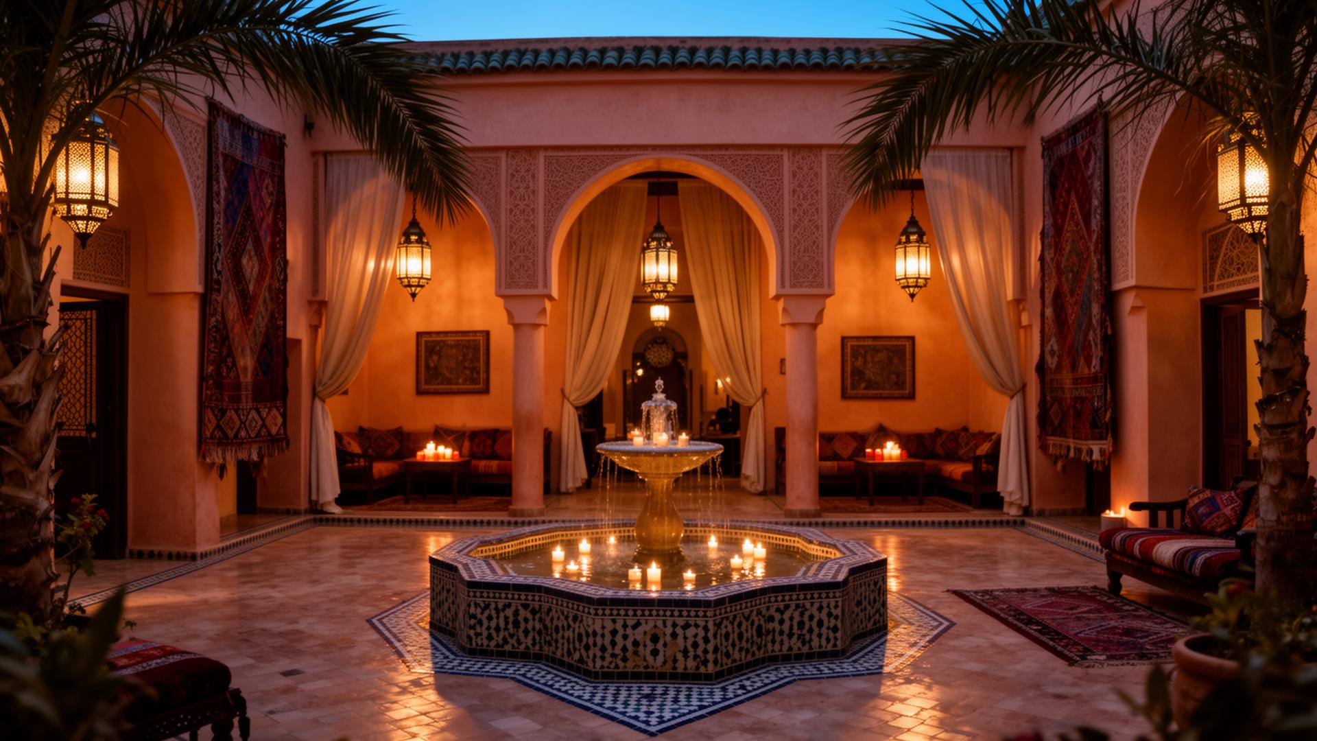 Sun-warmed riad courtyard in Marrakech with orange trees and a tiled pool